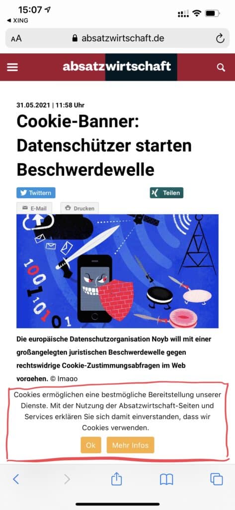 Bad Cookie-Banner in an article about legal issues in GDPR 